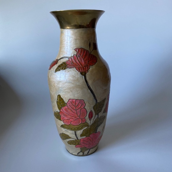 Vintage Enamelled Brass Vase: Hand Painted Roses, Made in India - Picture 3 of 8